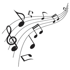 A flowing musical staff with a treble clef and various musical notes dancing across the lines, creating a sense of melody and rhythm