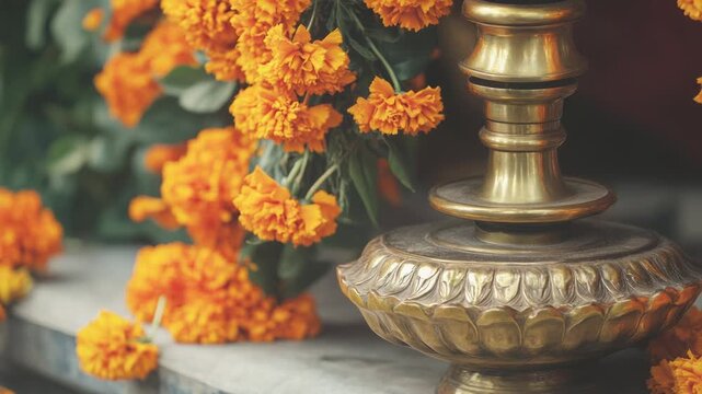 A beautiful gold vase sitting on a table or shelf with flowers in the background, perfect for decorative purposes or as a prop in photography