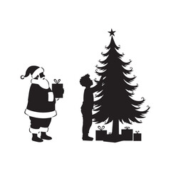 Christmas Tree Gift Moment Vector | Silhouette of Santa Claus Giving Present Beside Child Decorating a Christmas Tree – Ideal for Holiday Cards, Posters & Festive Designs.
