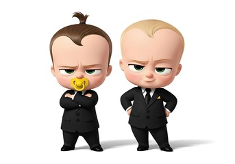 Two cartoon babies in suits with pacifiers, isolated on white background