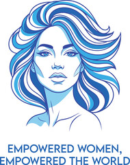 Empowered Woman Line Art Illustration with Futuristic Typography in Blue Tones