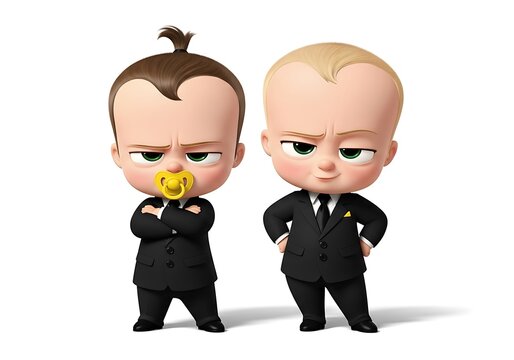Two cartoon babies in suits with pacifiers, isolated on white background