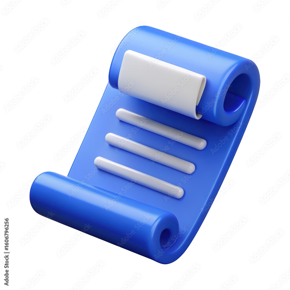 Poster rendered blue document roll with white label and text lines on a background