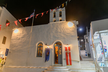 Illuminated Saint George Church at night, Kamares, Sifnos, Cyclades, Greece 