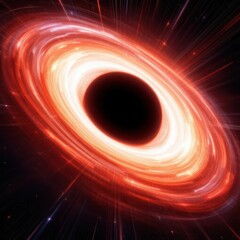 A digital rendering of a black hole with swirling orange and red light in a dark space setting