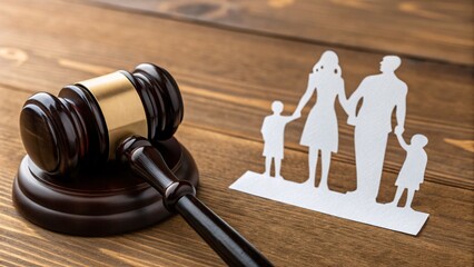 Gavel and paper cutout family, image concept of family law, divorce, or legal decisions.
