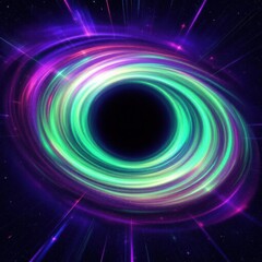 A swirling vortex of green and purple light with a black hole in the center of a starry background