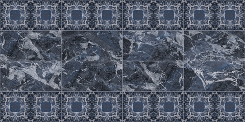 Navy blue square textile motif. Textile, modern carpet, curtain, fabric seamless pattern. Decorative ceramic design. Abstract marble book match background.