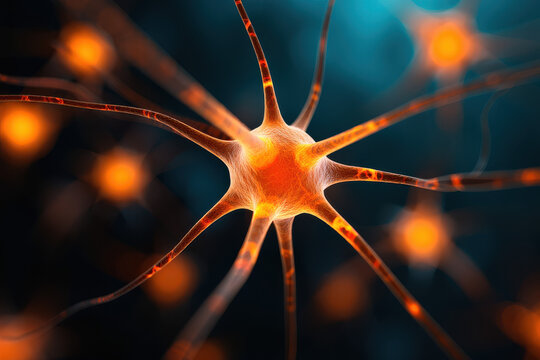 Close up view of a neuron cell with orange and red glowing parts on a dark blue background image - Powered by Adobe