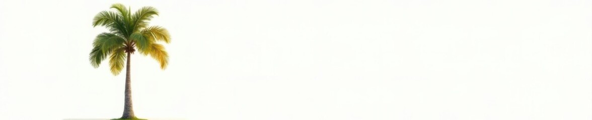 Single palm tree against bright white background, tropical plant, high resolution