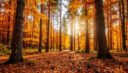 Obraz premium Autumn forest path bathed in sunlight (1)