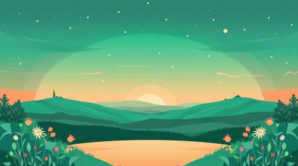 Scenic sunset over bulgarian landscape with wildflowers for independence day celebration. Horizontal banner. Copy space. Bulgaria independence day. Flat illustration