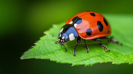 Fototapeta premium Close-up macro photo of a red ladybug resting on a fresh green leaf in natural sunlight with soft background and shallow depth of field