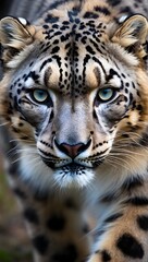 Obraz premium A striking closeup portrait captures the intense gaze of a snow leopard, highlighting its beautiful fur and powerful presence