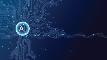 Abstract dark blue background with a central AI node connecting to flowing circuit board lines and dots.