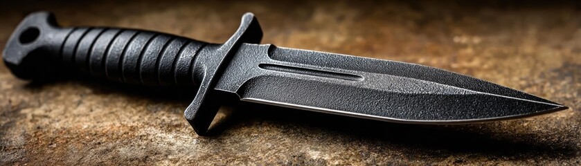 Tactical dagger with classic model concept. A sleek black knife resting on a rustic background.