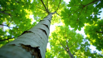 Smooth aspen bark, vibrant green canopy overhead, trunk, background