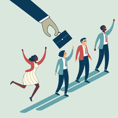 A giant hand extends a briefcase to a line of diverse candidates, symbolizing job opportunity and recruitment