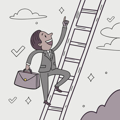 A smiling businessman in a suit climbs a ladder towards the sky, holding a briefcase and pointing upwards, symbolizing career growth and success