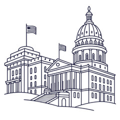 A classic line art illustration of a grand government building, featuring a prominent dome, stately columns, and american flags, symbolizing national pride and civic architecture
