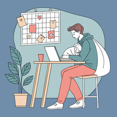 A parent works on a laptop with their child resting on their arm, creating a cozy and focused workfromhome atmosphere