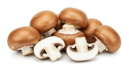 Pile of Brown Cremini Mushrooms with Two Halved Mushrooms