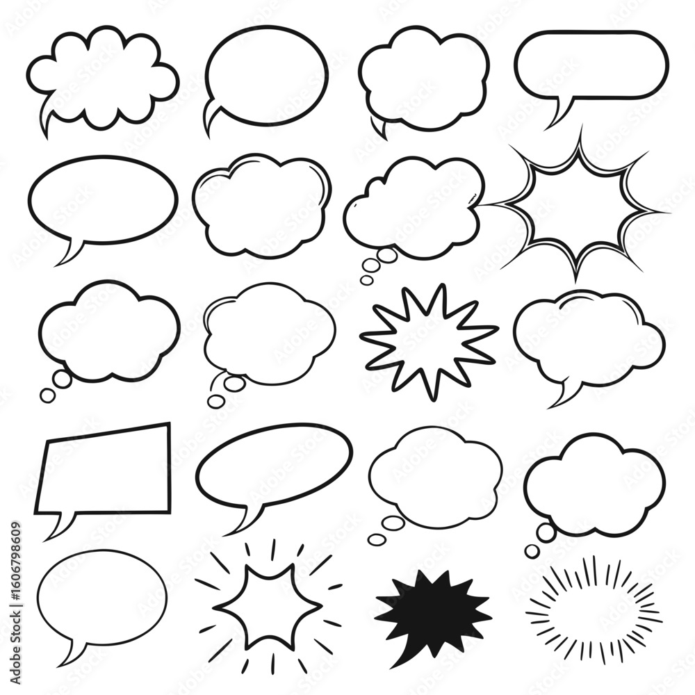 Poster a diverse collection of handdrawn speech and thought bubbles in various comic book styles, offering 