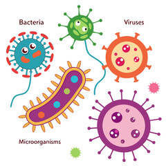 A colorful collection of cartoon bacteria and viruses, representing microorganisms and the study of disease and infection
