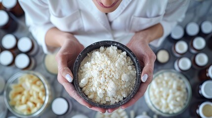 Scientist holds bowl of white powder, surrounded by jars/capsules, lab coat visible