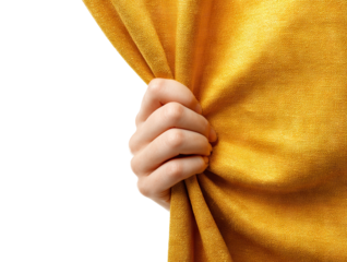 Hand pulling yellow curtain, isolated on transparent cutout background