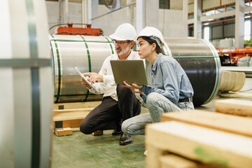 Engineers collaborate while inspecting large rolled steel coils in roofing sheet factory. Using...