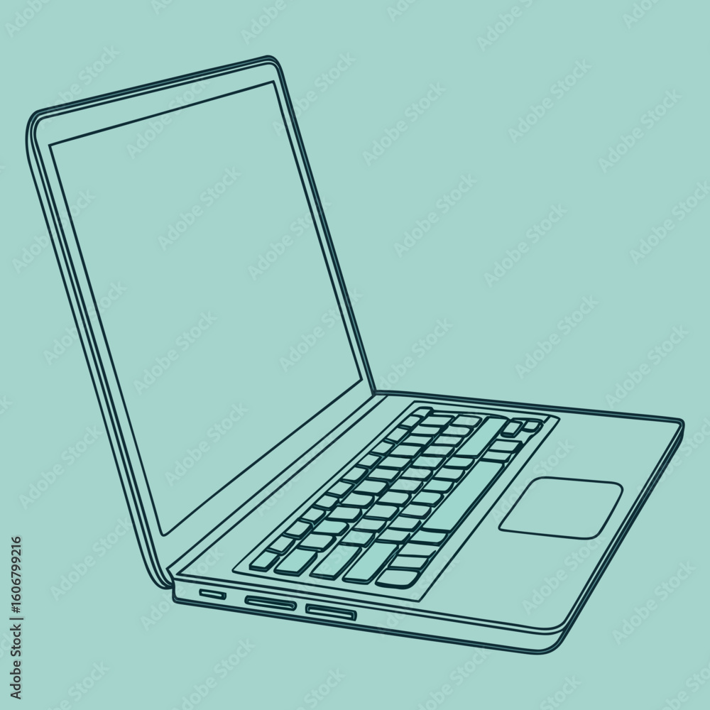 Poster a stylized line drawing of an open laptop computer, showcasing its keyboard and screen against a sol
