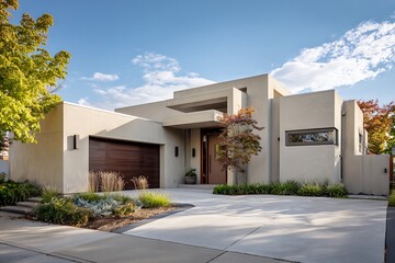 Fototapeta premium Stunning modern minimalist home with clean lines and warm wood garage door, bathed in soft sunlight.