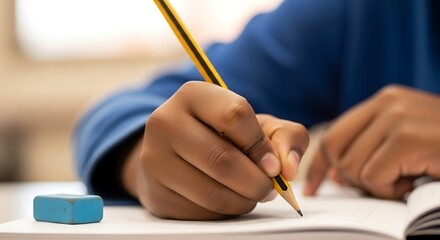 Close up of a student writing on paper with a pencil in class