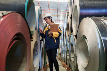 Female staff inspecting stacked steel coils in storage area of roofing sheet manufacturing plant....