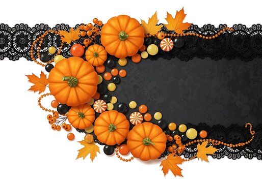 A festive halloween border of pumpkins and candy corn on black lace - Powered by Adobe