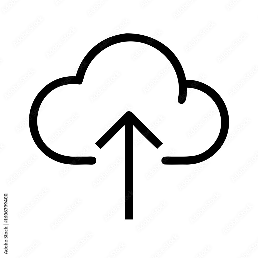 Poster a simple black outline icon depicting a cloud with an upwardpointing arrow inside, symbolizing data 