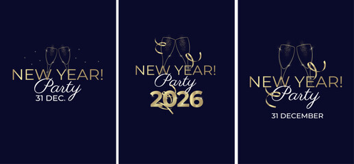 New Year 2026 event design templates. Elegant and modern style. Golden 2026 numbers and champagne glasses silhouette toasting. Vector illustration.