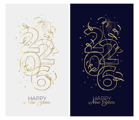 New Year banner or card design with line drawing of sparkling wine glass and number 2026. Minimalist style with golden contour lines. Vector illustration