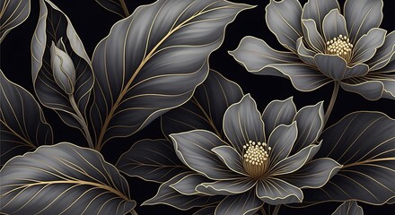 Elegant Black and Gold Floral Pattern with Leaves and Blossoms