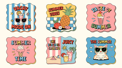 Retro Summer Stickers Fun Graphics and Catchy Phrases for Creative Designs and Vacation Vibes
