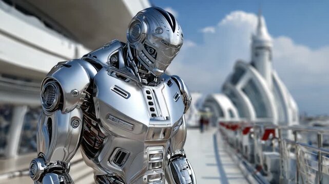 Metallic Sentinel: A detailed, realistic illustration showcases a modern, futuristic robot, standing confidently on a platform with a backdrop of visionary architectural concepts.