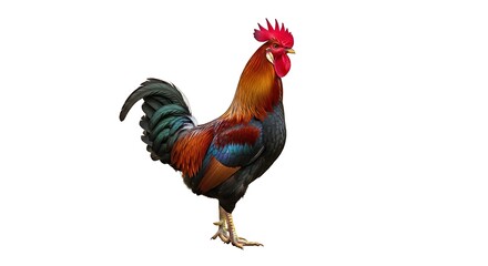 Colorful Rooster Standing Proudly Isolated on White Background Farm Animal