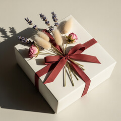 Minimalist gift box wrapped in kraft paper, tied with ribbon and decorated with dried flowers. Elegant and eco-friendly packaging style on neutral background.