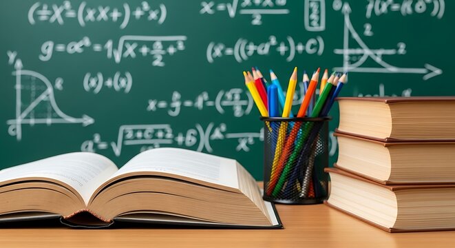 Open Book with Pencils and Chalkboard Background for Education Concept