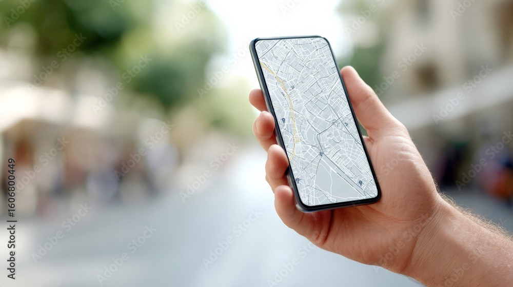 Poster close up of a hand holding smartphone displaying gps map application, navigating urban environment, 