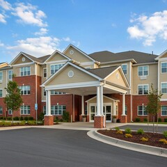 new homes in the city, Senior retirement community with apartment-style living. Large brick hotel building with brown roof and white windows. Tree-lined street and parking lot outside.