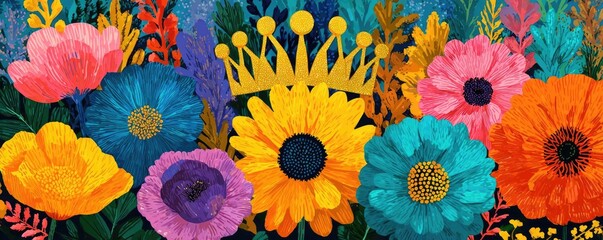 Line tiara in retro vintage concept. A vibrant arrangement of colorful flowers with beautiful details.