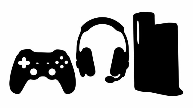 Silhouette of a gaming console controller headset and tower representing video game equipment setup | editable eps vectors