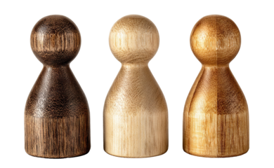 Set of three wooden game pawns, isolated on transparent cutout background